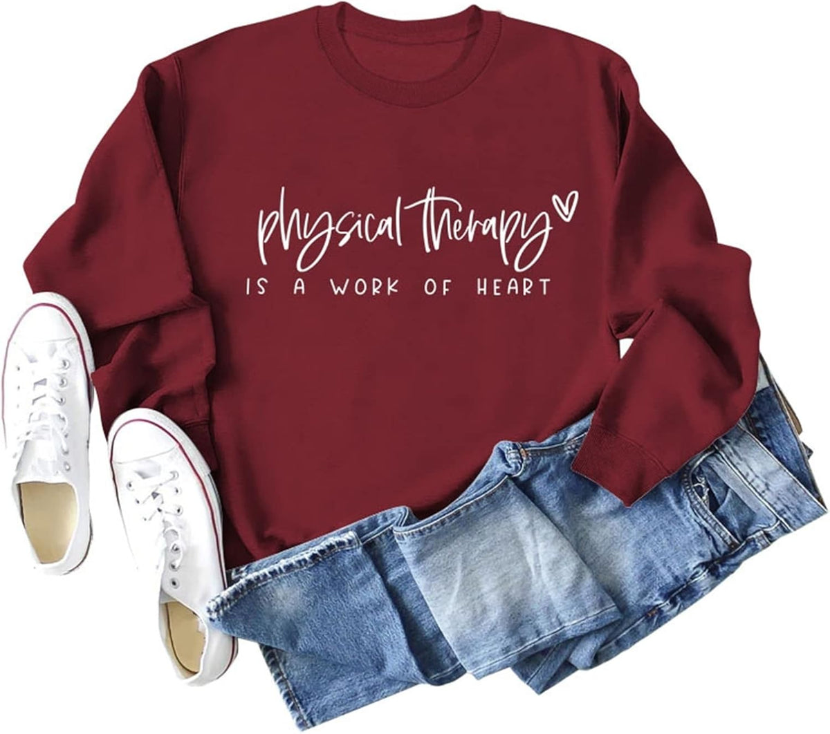 Physical Therapy is A Work of Heart Sweatshirt Womens Casual Long Sleeve Crew Neck T-Shirts Funny Letter Graphic Tops - Wine