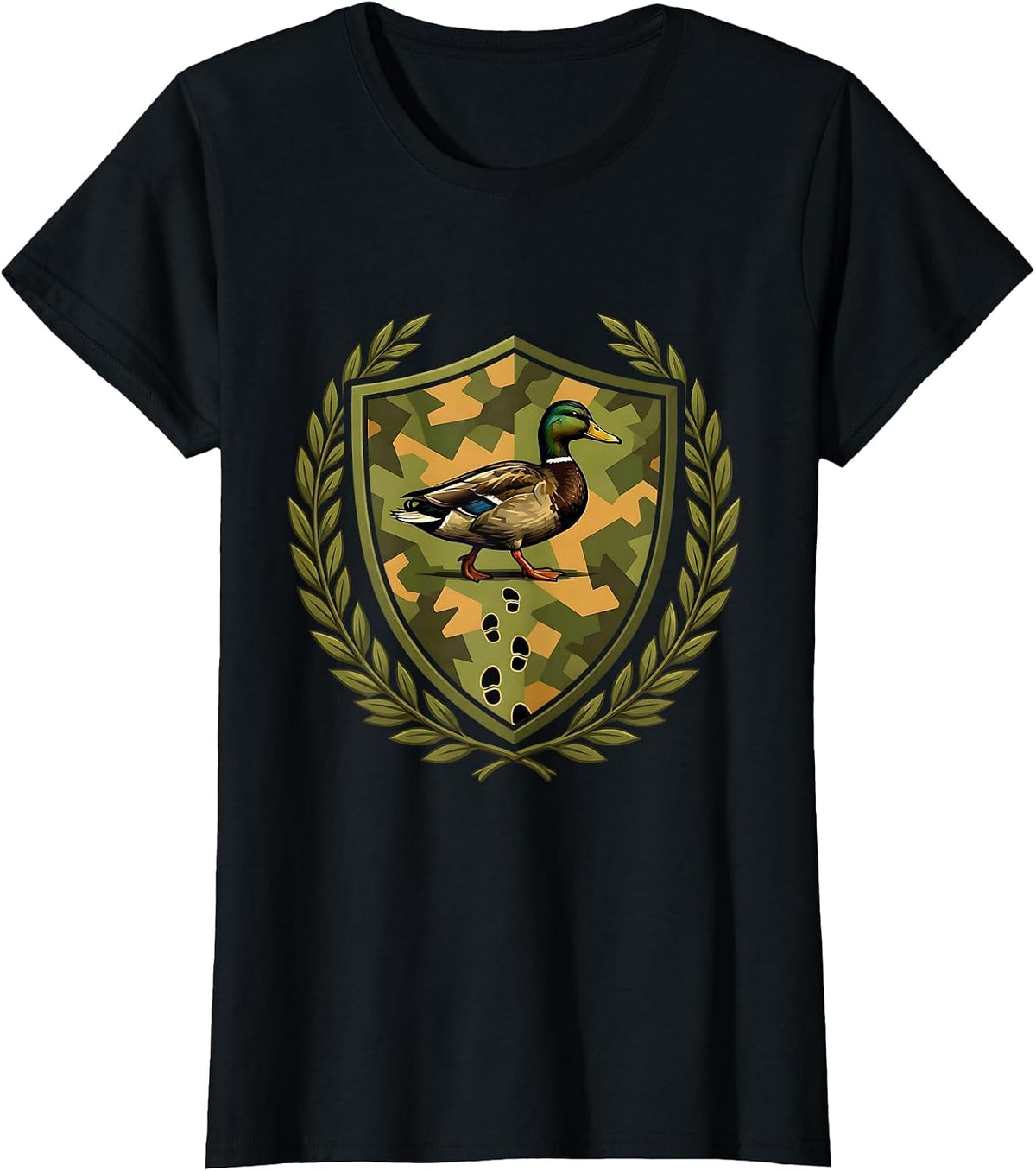 Women's Duck Footprints Camo Hunting Graphic Tee T-Shirt - Black