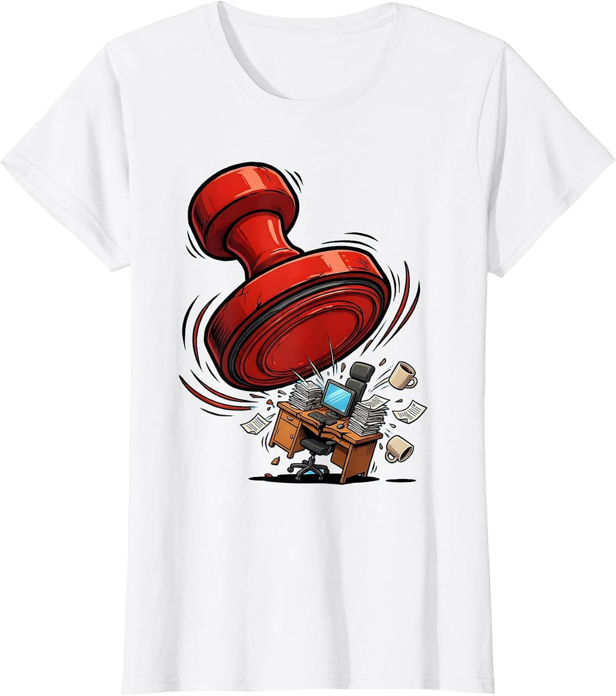 Giant Red Stamp Crushing Office Desk Graphic T-Shirt - White