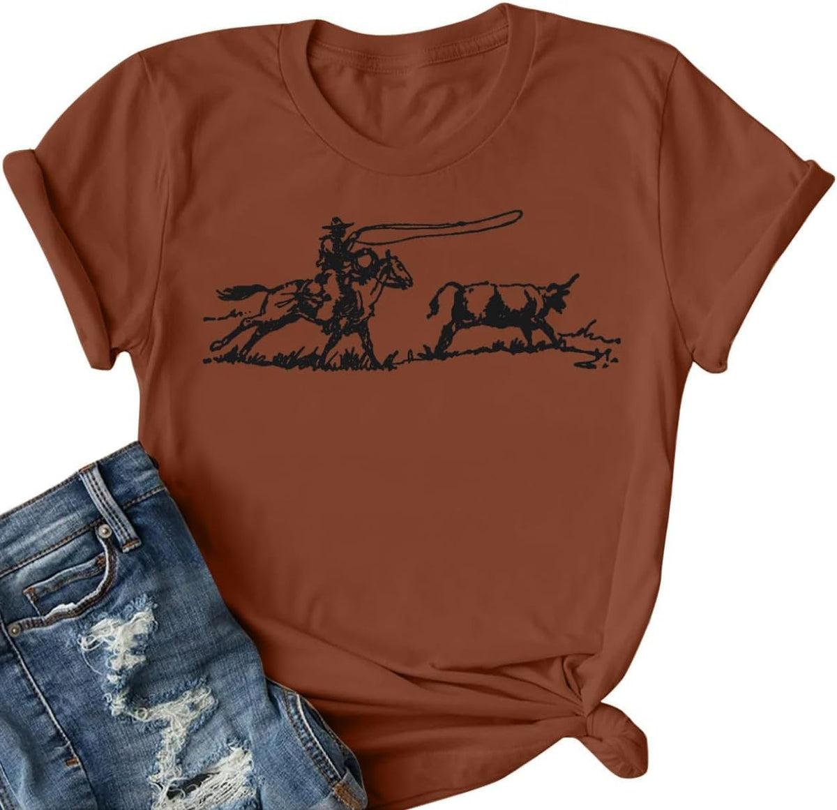 Western Rodeo Shirt Women Cowboy Cowgirl Tshirt Country Music Outfit - Sepia Brown