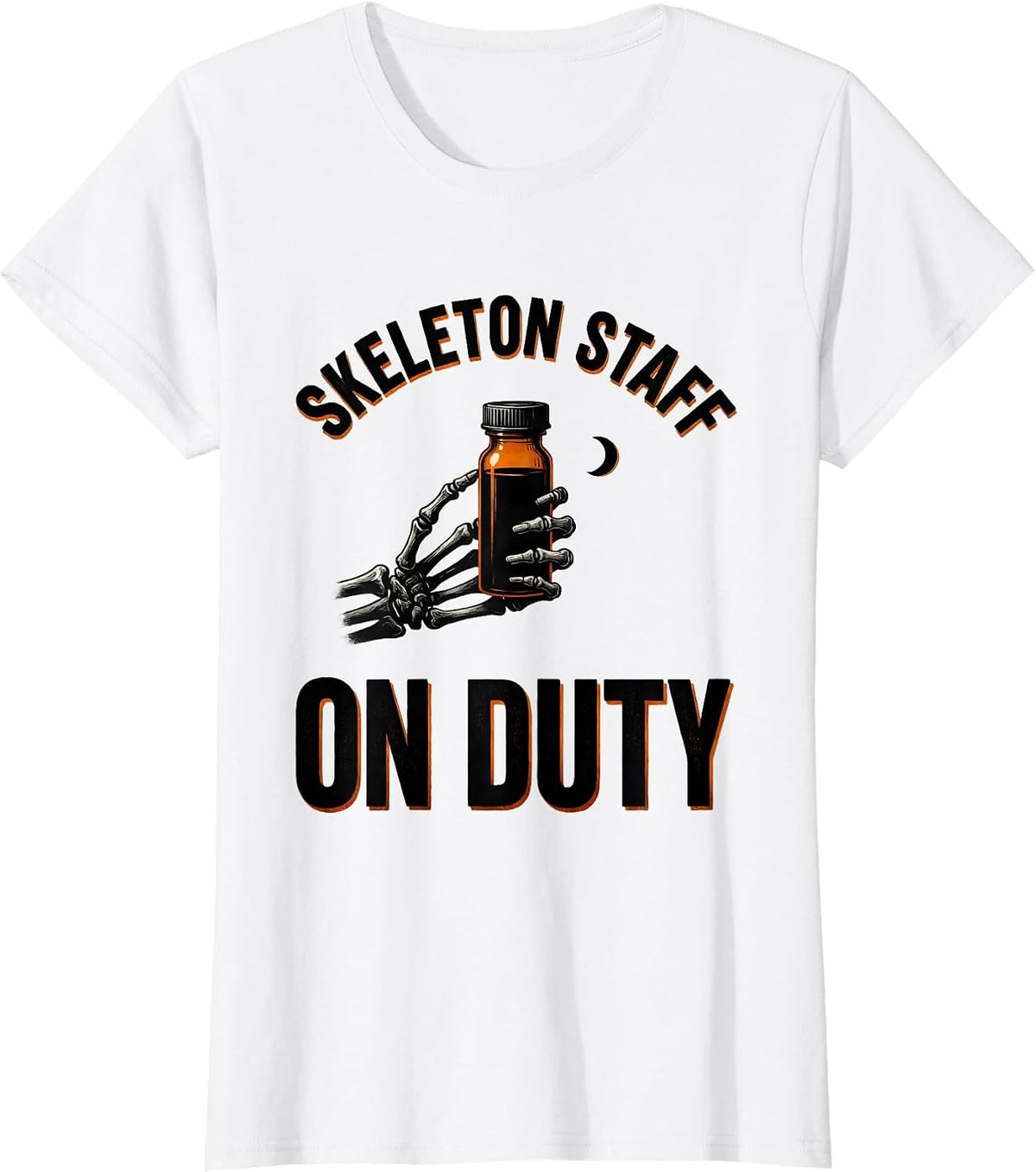 Skeleton Staff On Duty Funny Pharmacy Tech Halloween T-Shirt - White