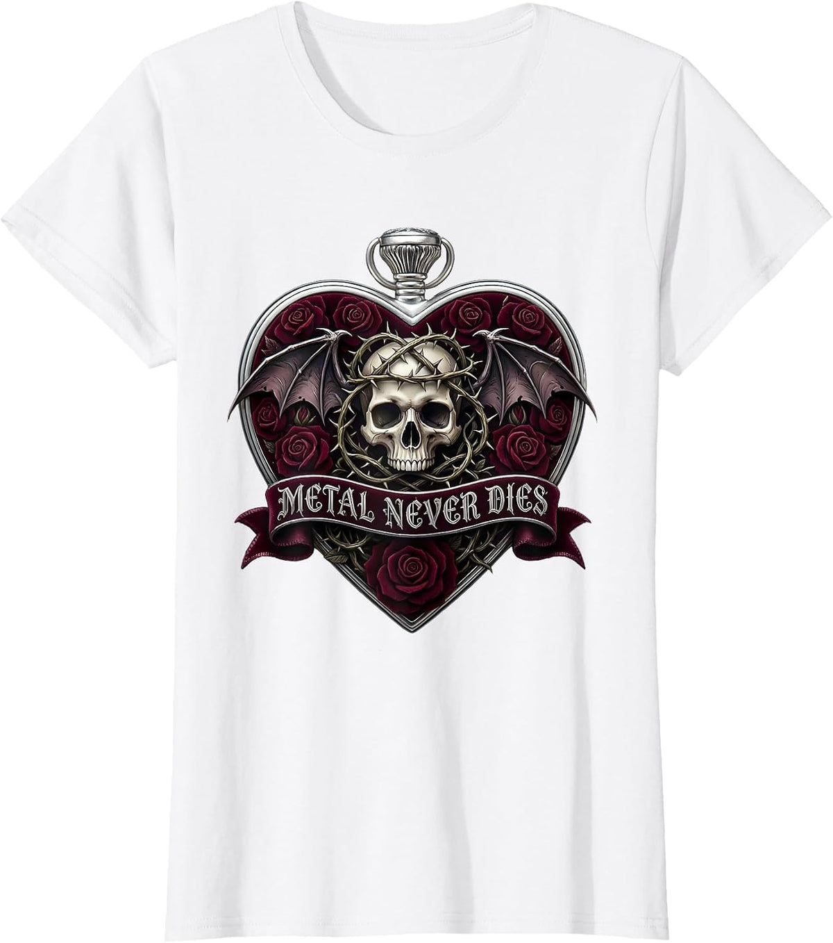 Metal Never Dies Heavy Metal Graphic Design T-Shirt - White