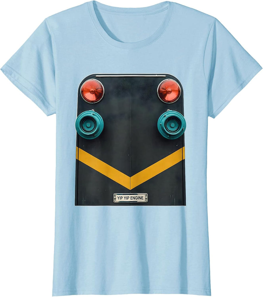 Women's Yip Yip Engine Midcentury Modern Firefighter Humor Tribute T-Shirt - Baby Blue