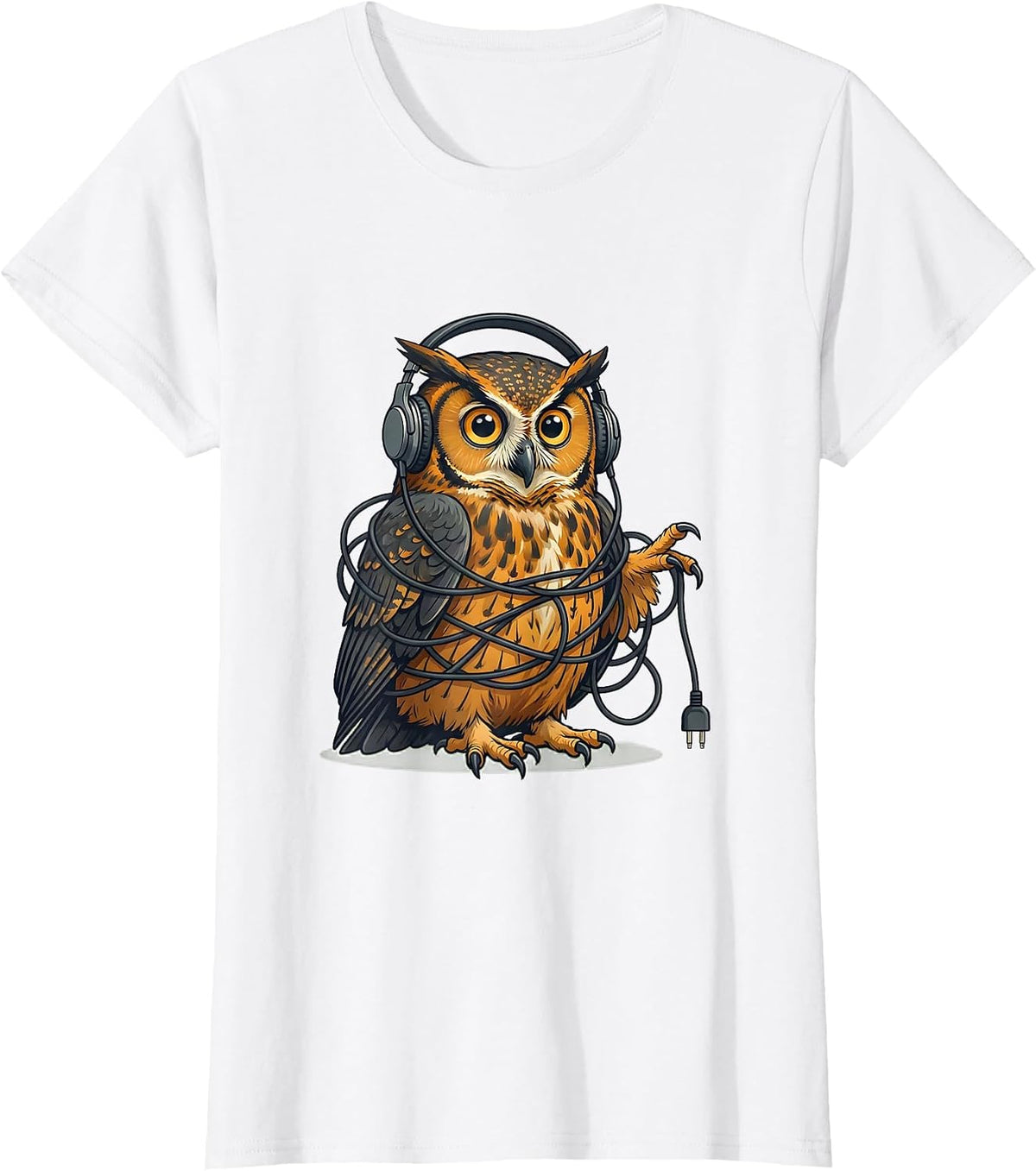 Silly Wide-Eyed Owl Tangled in Headphone Cords T-Shirt - White