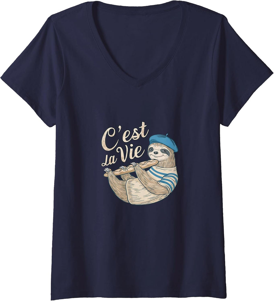 Women's C'est La Vie Sloth Hanging from Baguette - Cute French Sloth V-Neck T-Shirt - Navy Blue