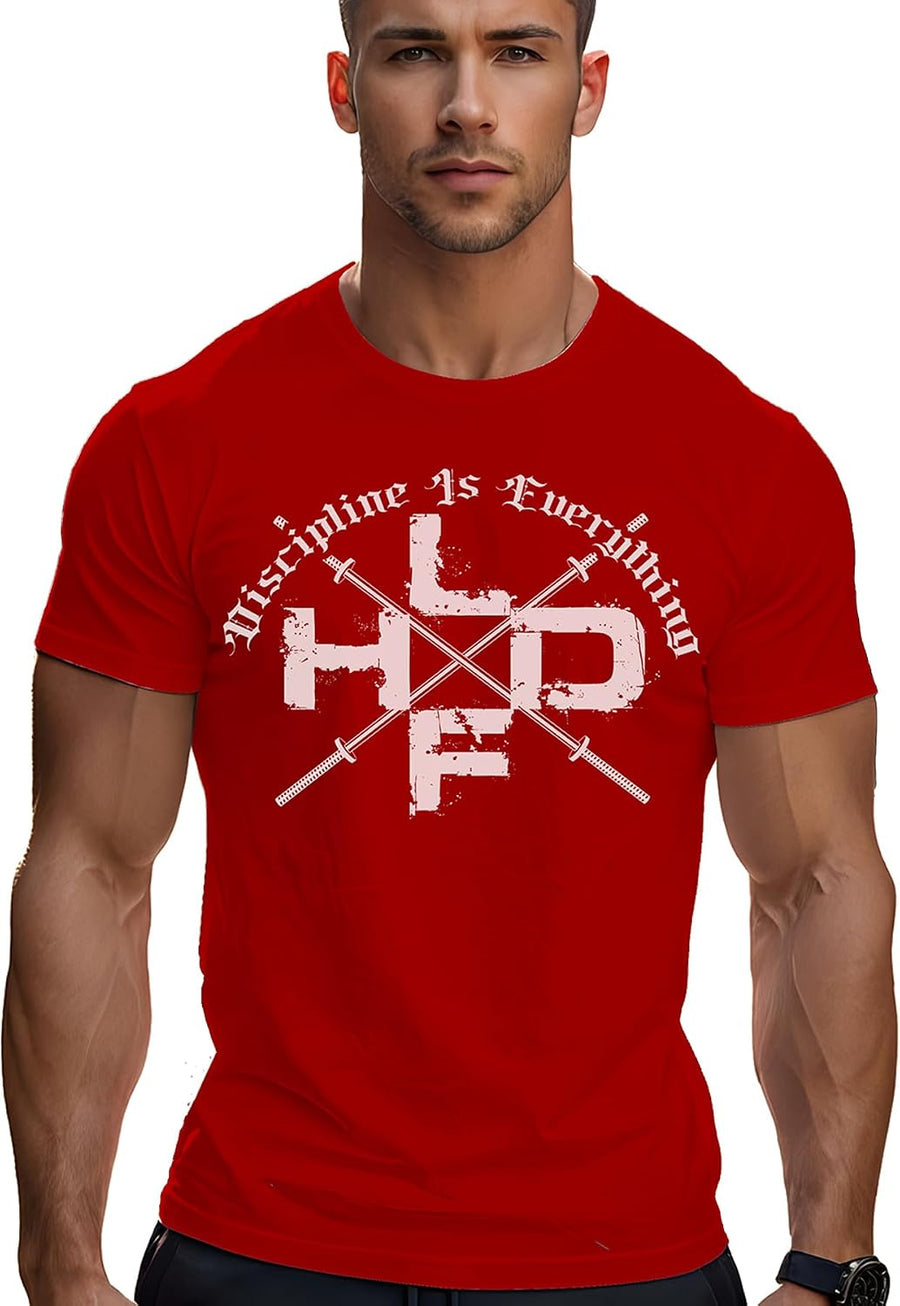 Gym Fitness Shirt with Cross Barbells Discipline is Everything Military Patriotic Unisex T-Shirt for Men and Women - Red