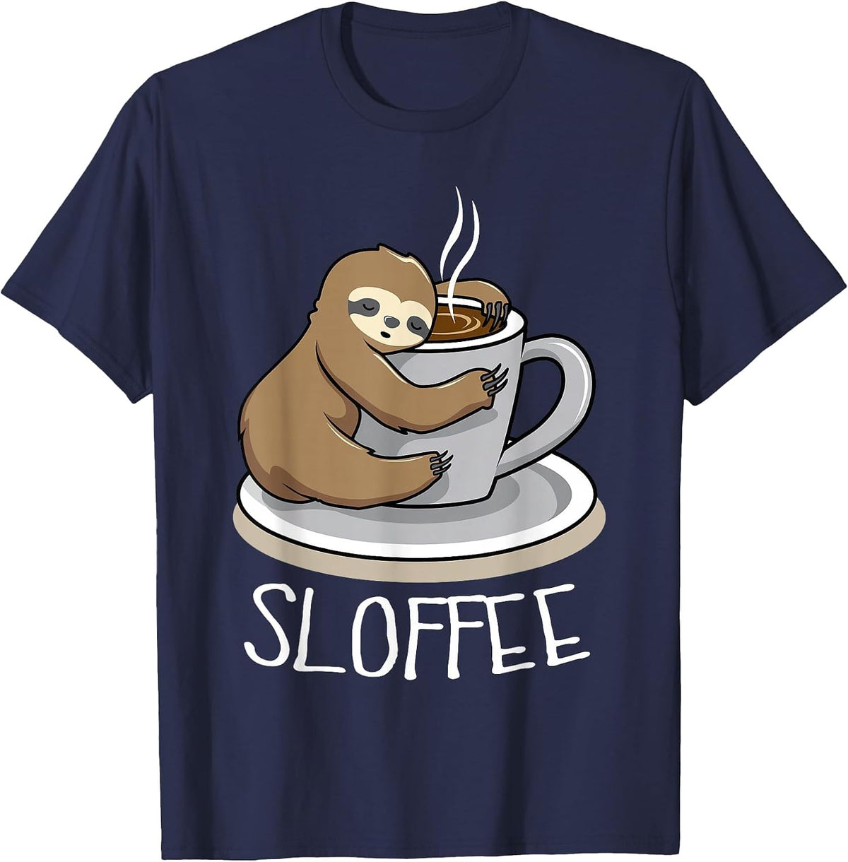 Sloth Sleep at Cup of Coffee Funny Sloth Sloffee T-Shirt - Navy Blue