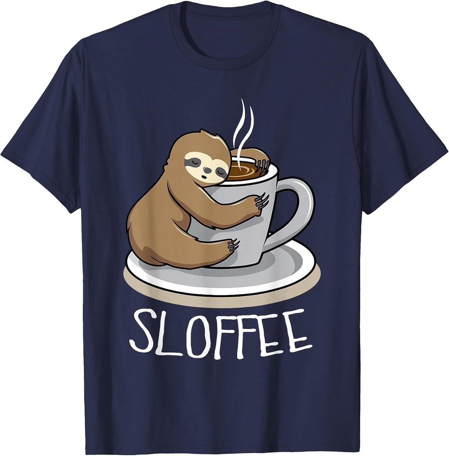 Sloth Sleep at Cup of Coffee Funny Sloth Sloffee T-Shirt - Navy Blue