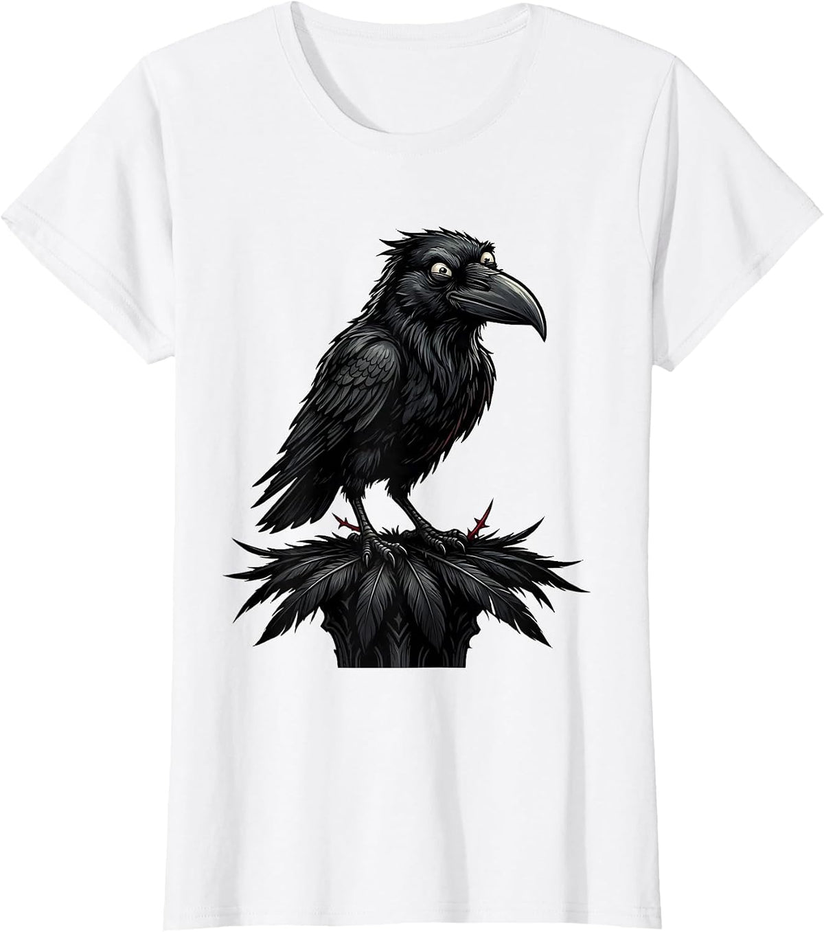 Women's Black Crow Raven Gothic Cartoon Nature Lover T-Shirt - White