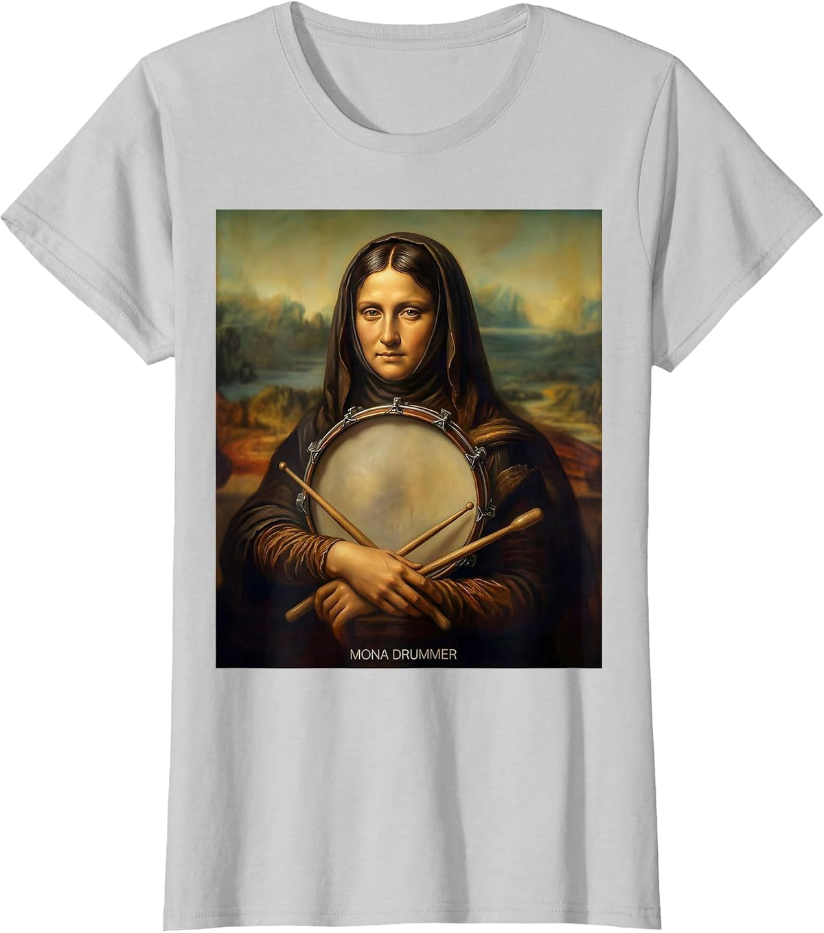 Women's Mona Drummer Funny Renaissance Art Parody Humor T-Shirt - Silver Grey