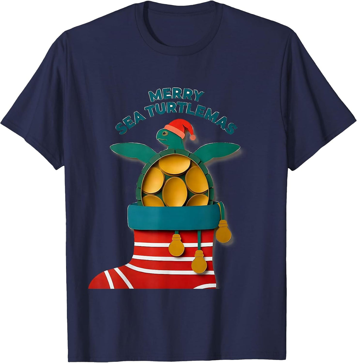 Men's Merry Sea Turtlemas Paper Cutout Sea Turtle Lover Holiday T-Shirt - Navy Blue