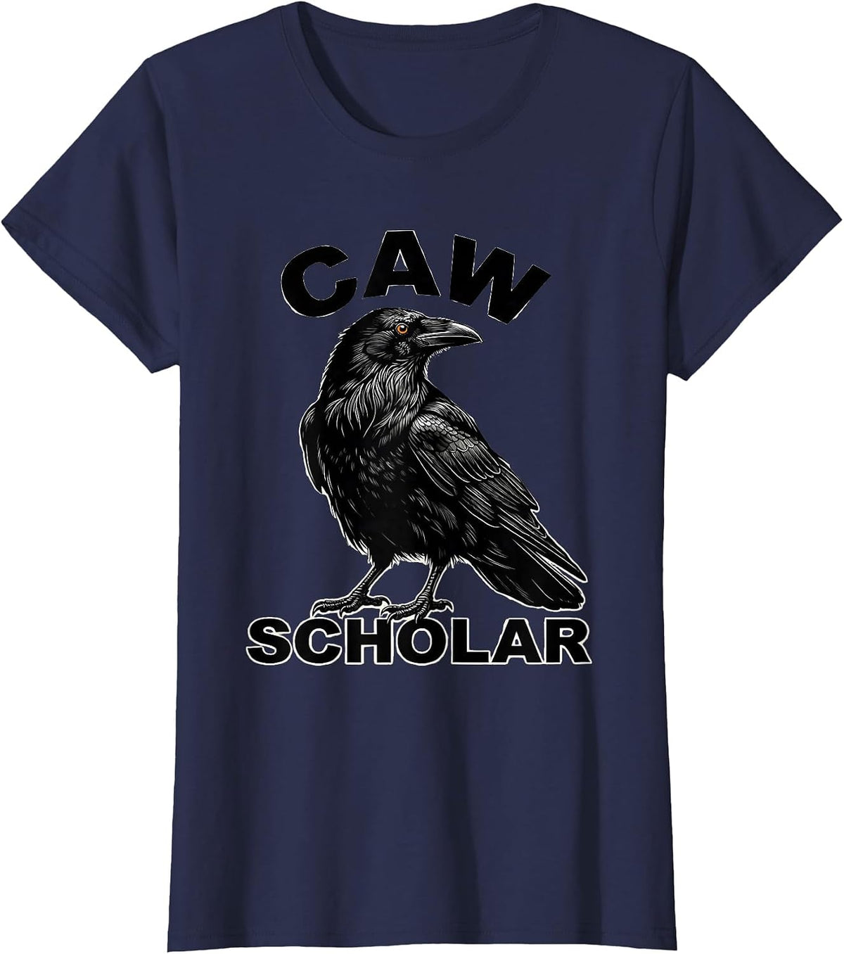 Women's Caw Scholar Scratchboard Gothic Crow Art Bird Lover T-Shirt - Navy Blue