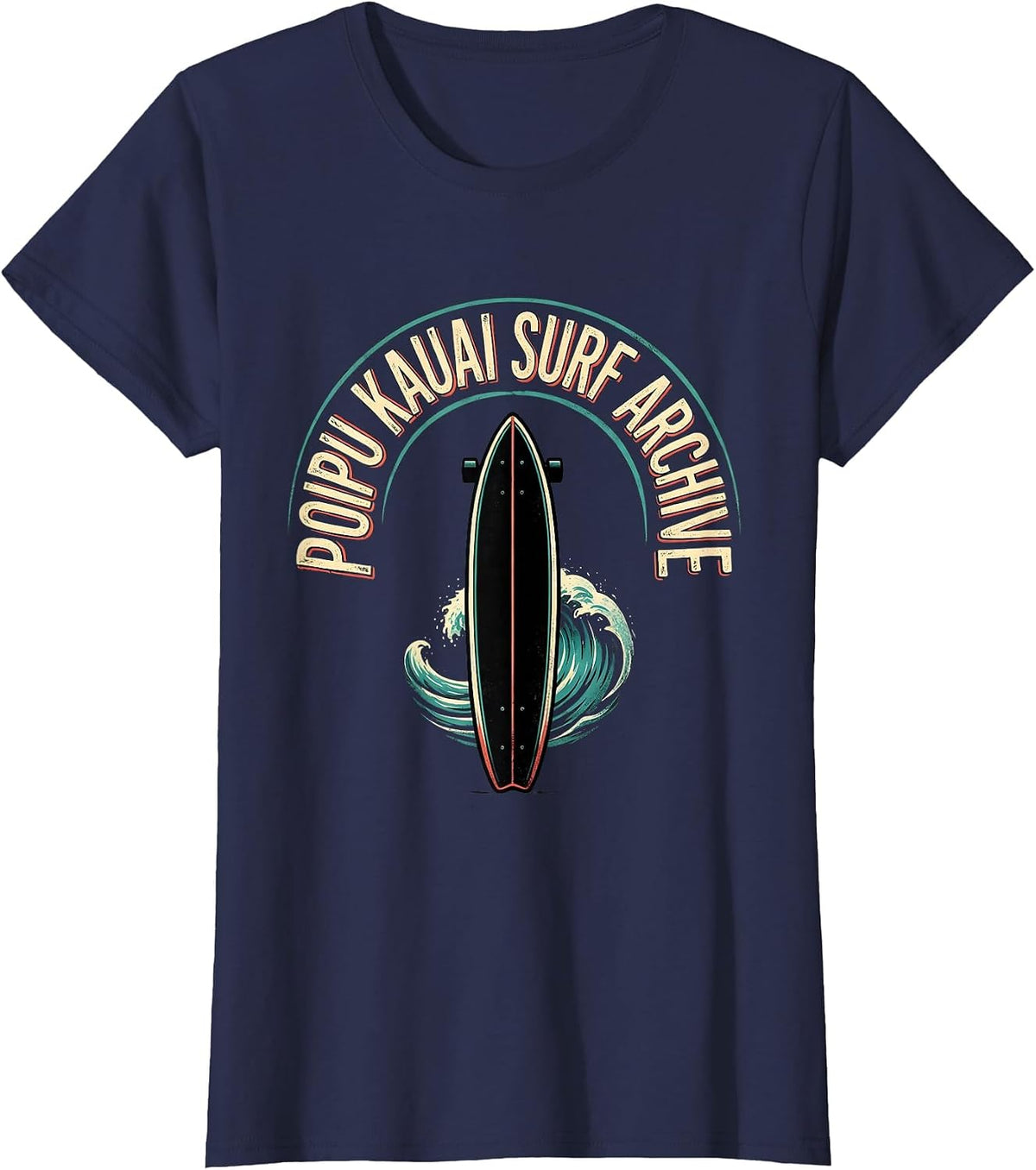 Women's Poipu Kauai Surf Archive Vintage Hawaii Retro Surfboard T-Shirt - Navy Blue