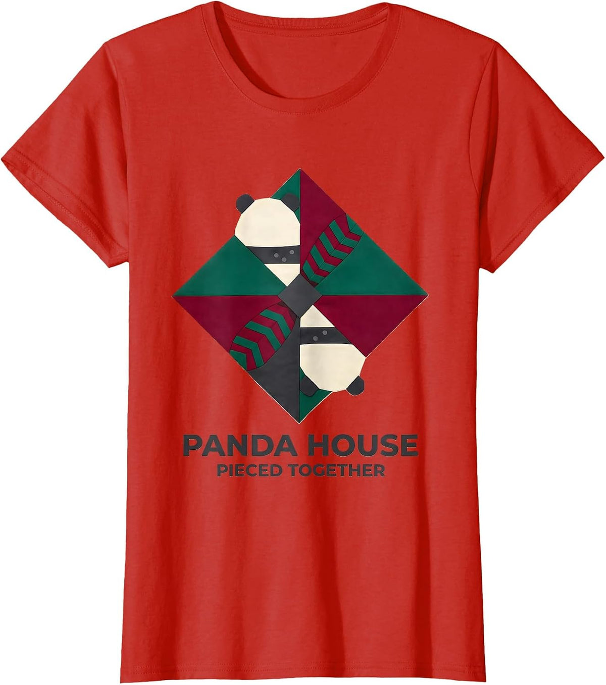 Panda House Pieced Together Quilt Block Patchwork Animal T-Shirt - Red