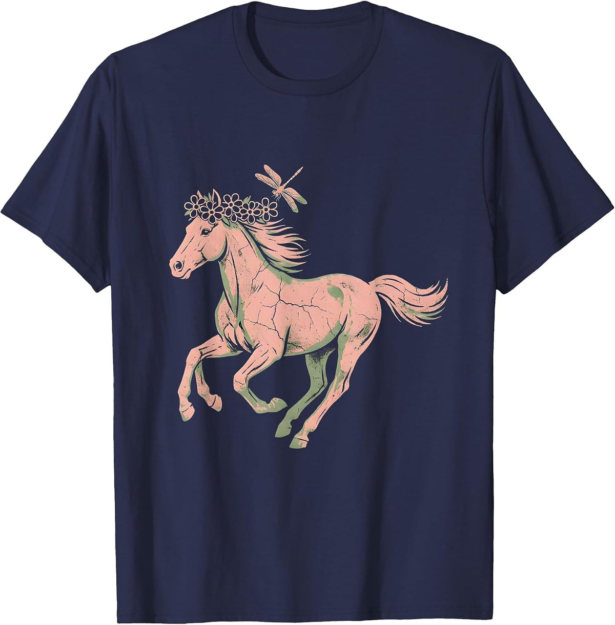 Floral Crown Galloping Horse Derby Fall Design T-Shirt - Navy Blue