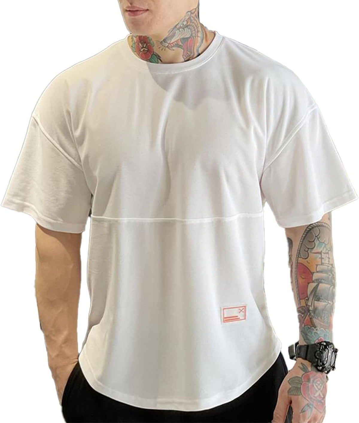 Mens Gym Workout Tshirt,Quick Dry Loose Fit Muscle Shirts,Athletic Short Sleeve Running Fitness Tee - White