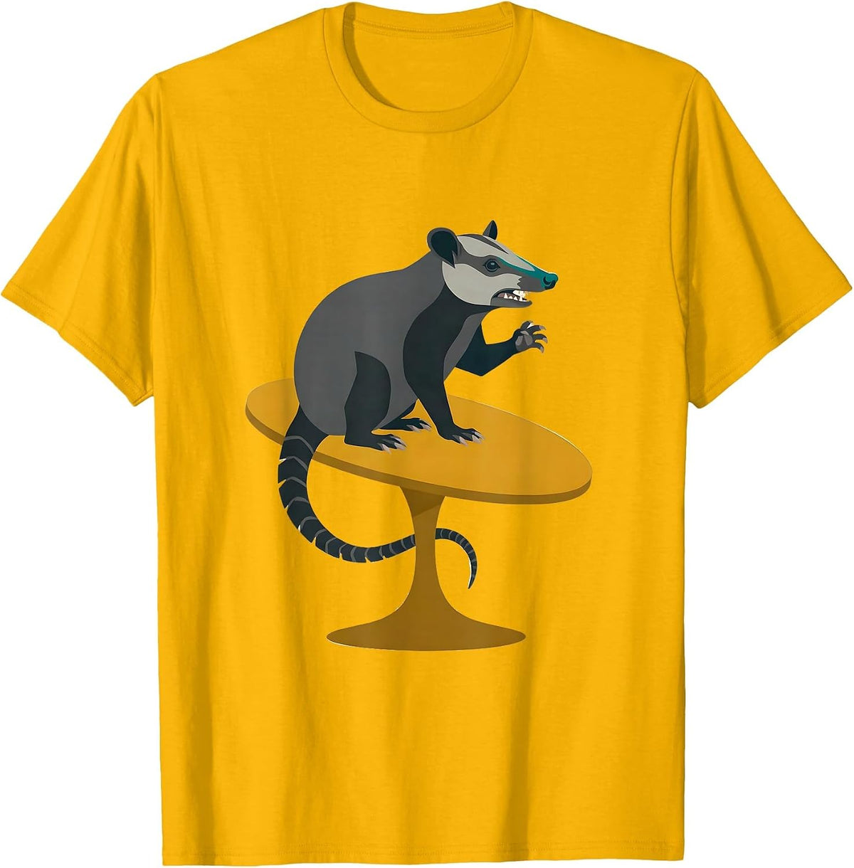 Primly Seated Opossum Midcentury Modern Deadpan Humor T-Shirt - Golden Yellow