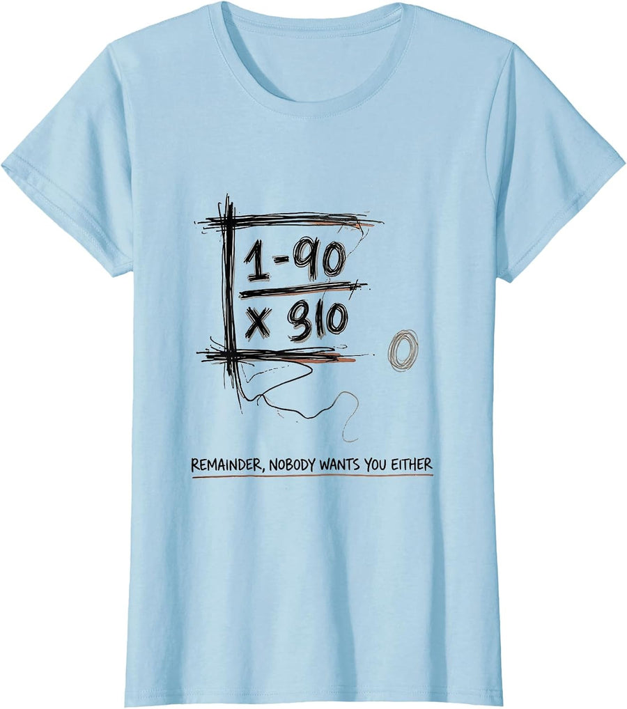 Women's Remainder Nobody Wants You Either Funny Math Teacher Pun T-Shirt - Baby Blue