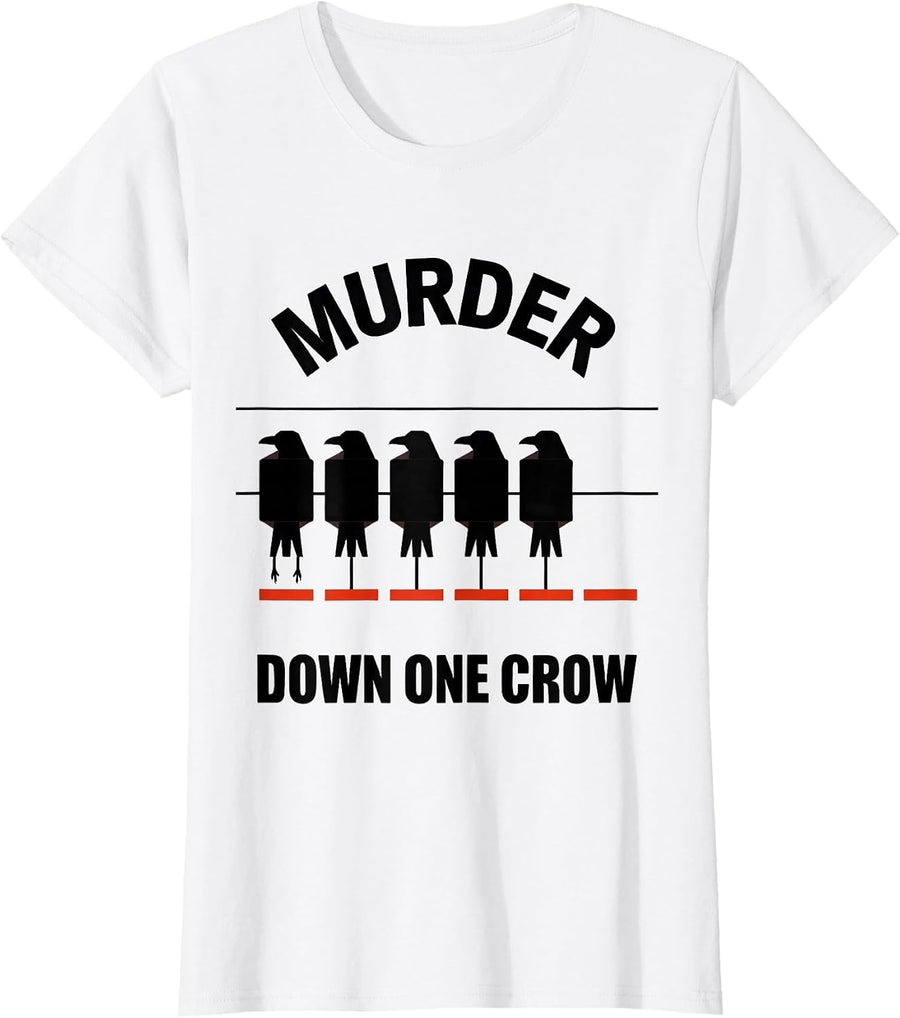 Women's Murder Down One Crow Geometric Crow Lover Pun Humor T-Shirt - White