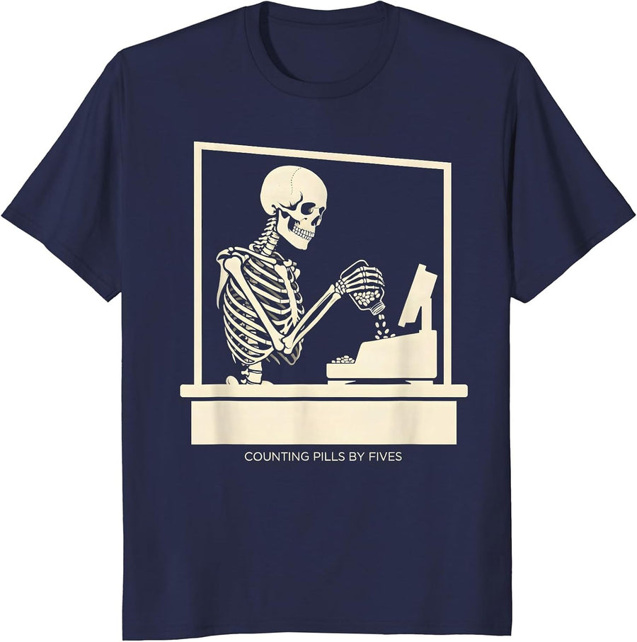 Counting Pills By Fives Skeleton Pharmacy Technician T-Shirt - Navy Blue