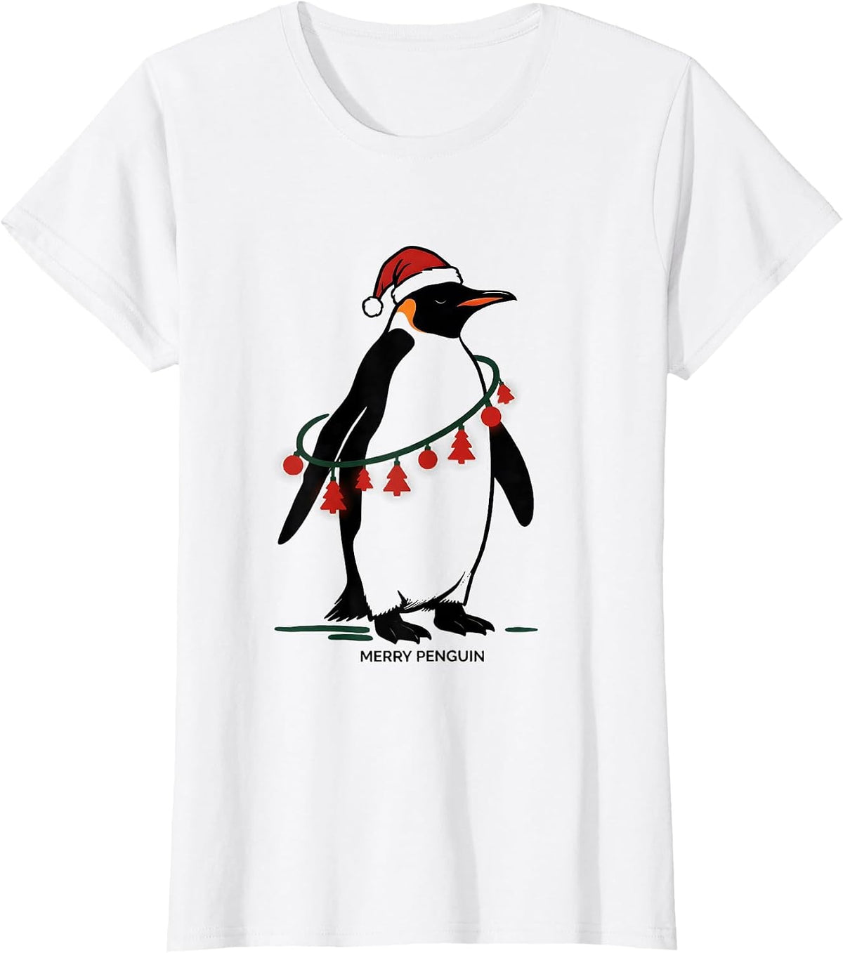 Women's Merry Penguin Funny Penguin Christmas Graphics Animal Lights T-Shirt - White