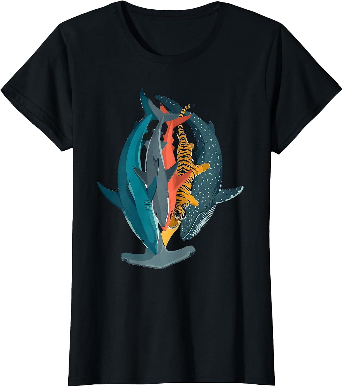 Women's Shark Column Flat Vector Funny Ocean Wildlife Gift T-Shirt - Black