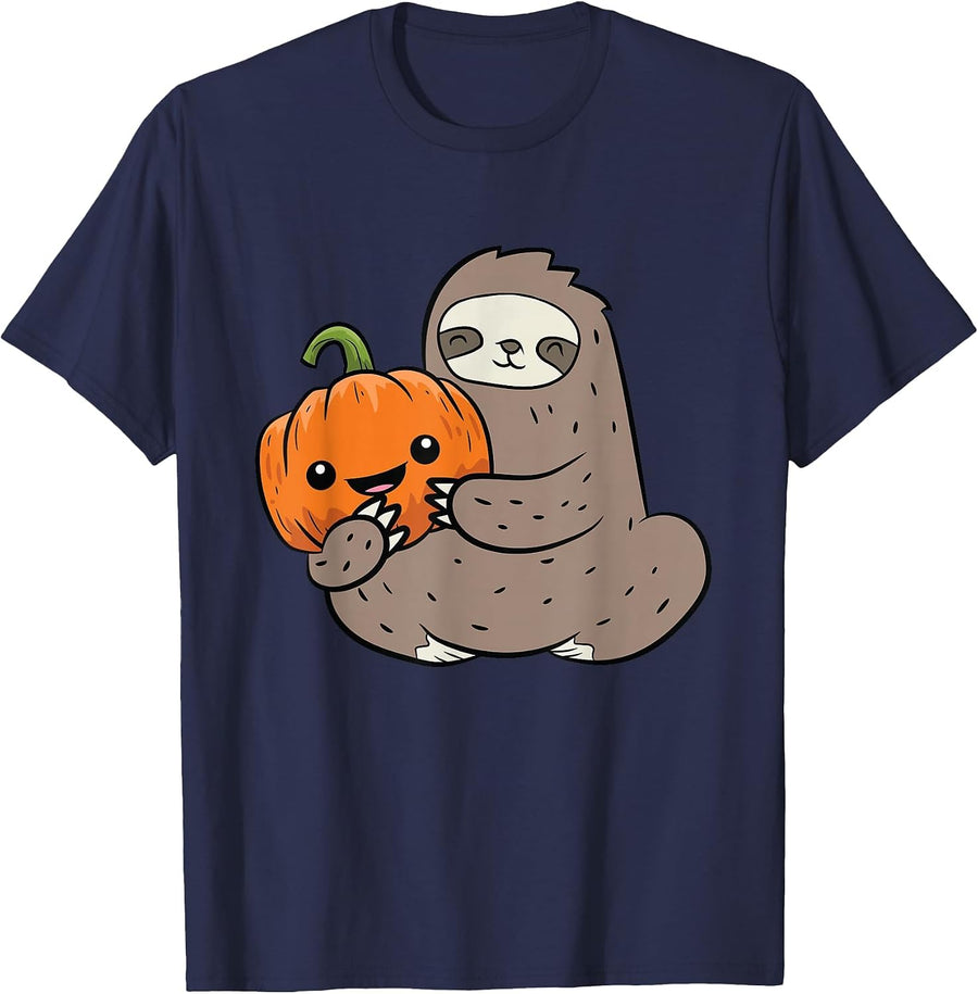 Sloth with Pumpkin Love Pumpkins and Sloth T-Shirt - Navy Blue