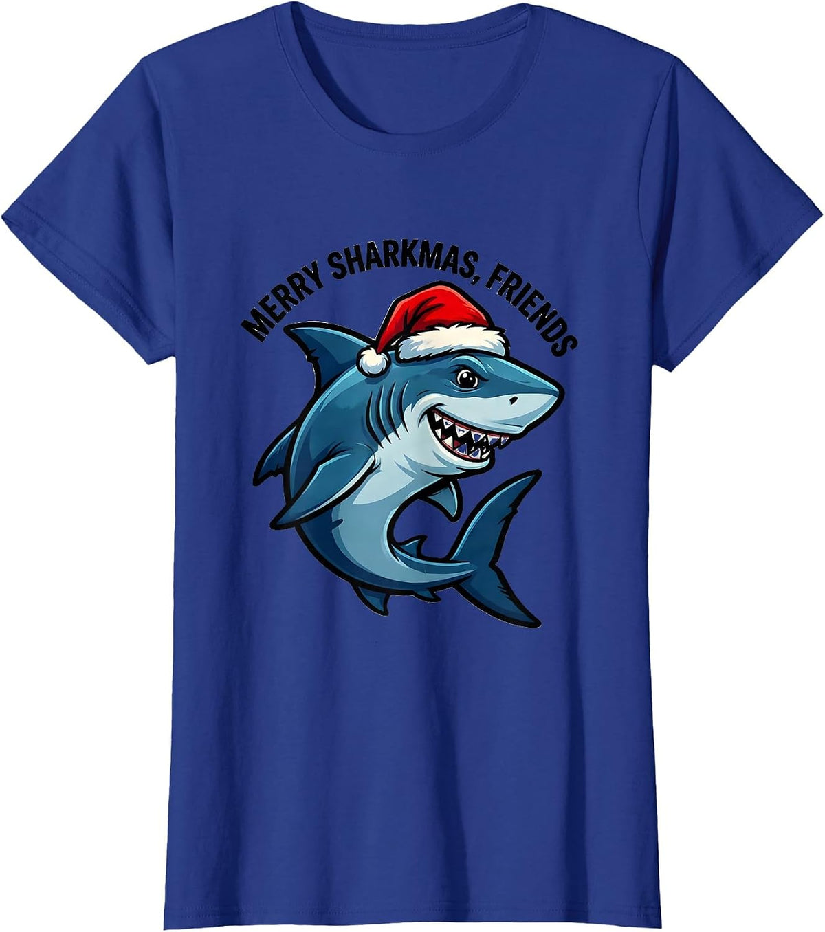 Women's Merry Sharkmas Friends Cartoon Shark Lover Christmas Humor T-Shirt - Royal Blue