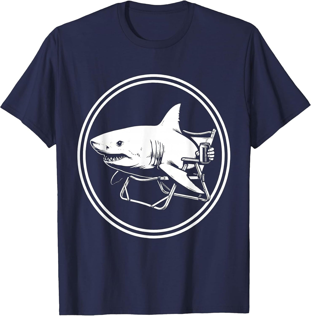 Shark Relaxing In Lawn Chair With Beer Graphic T-Shirt - Navy Blue