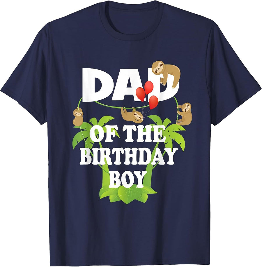 Dad of The Birthday Boy Sloth Kid B-Day Party T-Shirt - Navy Blue