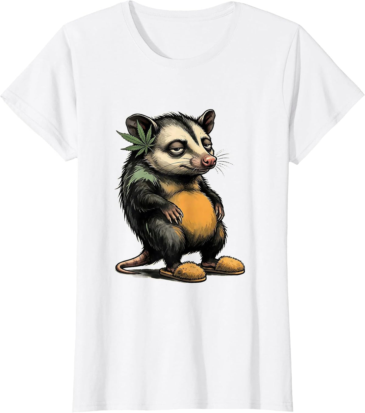 Deadpan Opossum Cannabis Leaf Stoner Humor Mascot T-Shirt - White