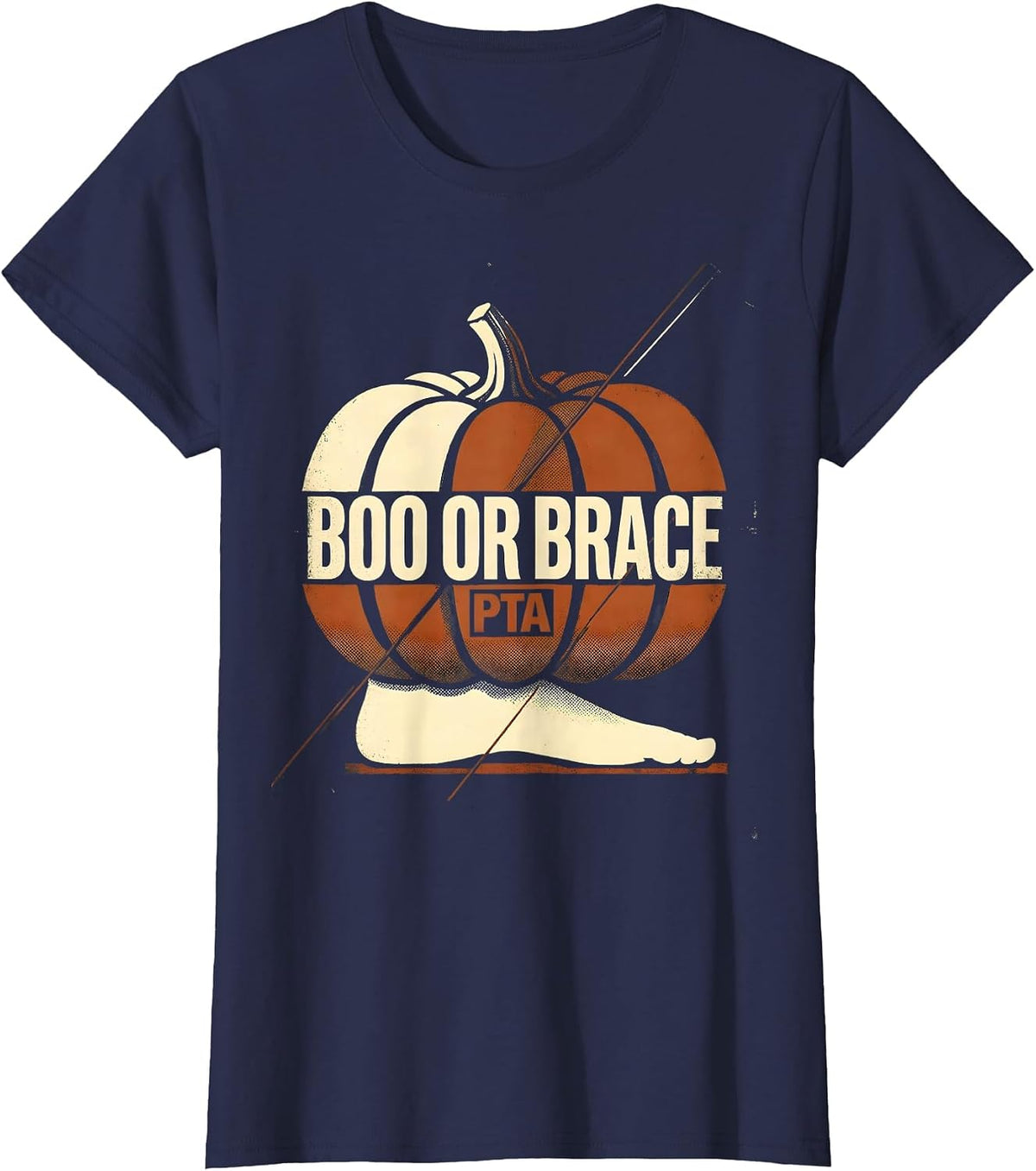 Women's Boo Or Brace PTA Vintage Halloween Physical Therapy Team T-Shirt - Navy Blue