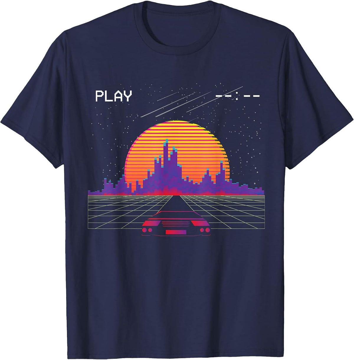 Cyberpunk Outrun synthwave Sunset Fast car Aesthetic t Shirt T-Shirt - Navy Blue