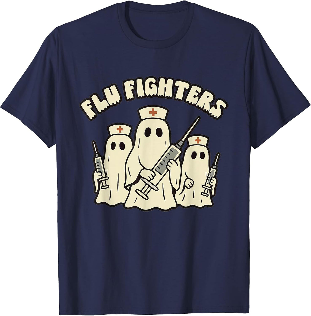 Retro Nurse Halloween Ghosts Flu Fighters ED PEDS RN T-Shirt - Navy Blue