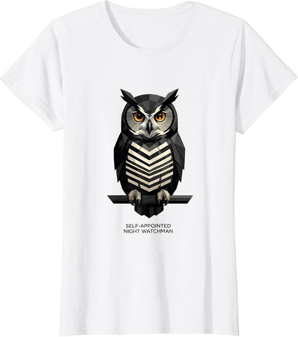 Women's Self-Appointed Night Watchman Geometric Owl Lover Nature Art T-Shirt - White