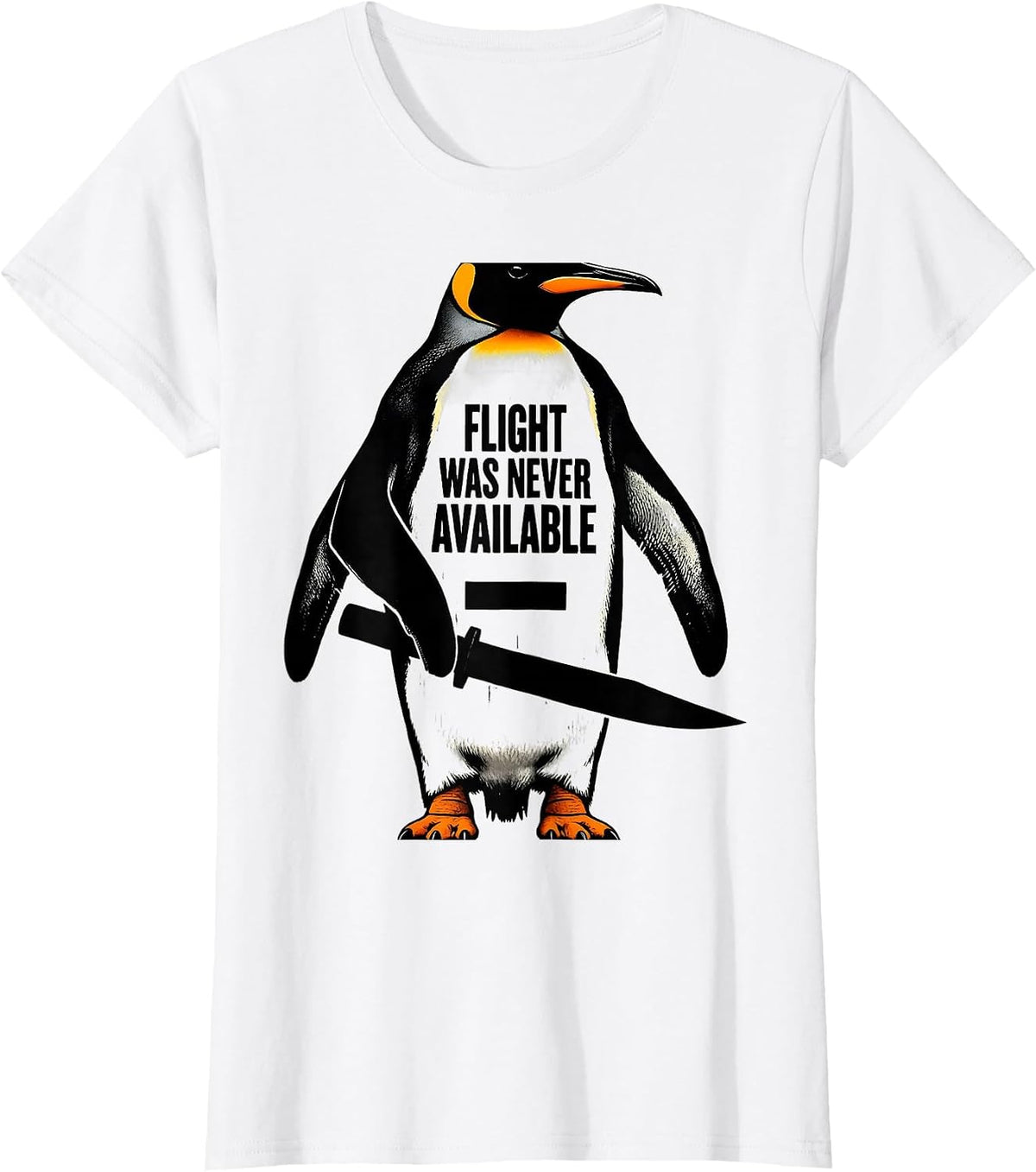 Flight Was Never Available Brutalist Penguin With Knife Dark T-Shirt - White