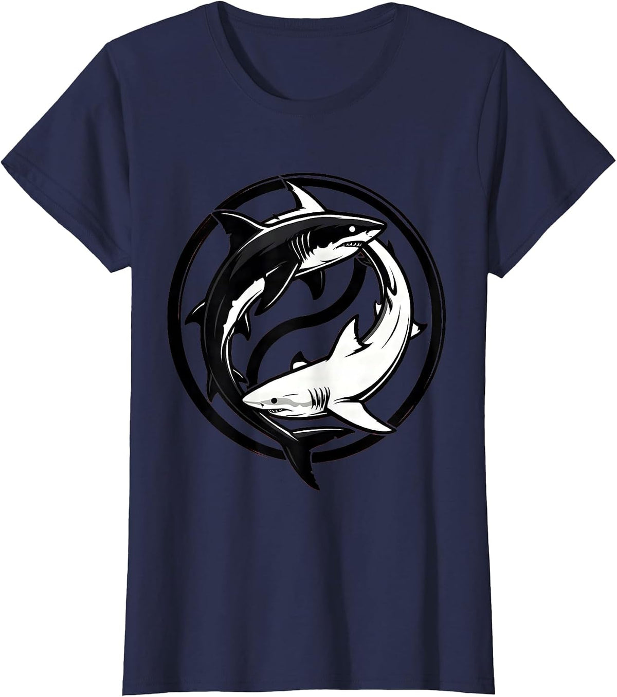 Women's Shark Yin Yang Balance Harmony Ocean Design T-Shirt - Navy Blue