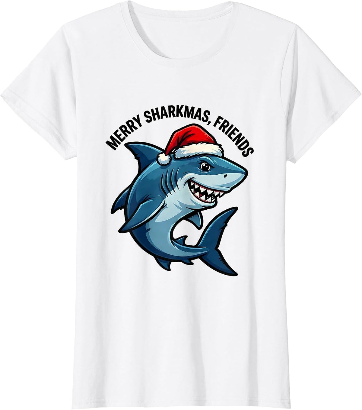 Women's Merry Sharkmas Friends Cartoon Shark Lover Christmas Humor T-Shirt - White