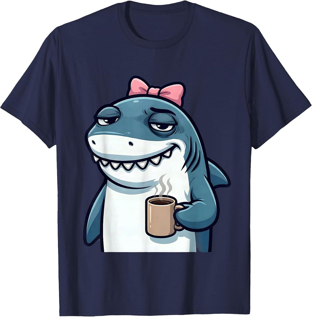 Men's Mama Shark Tired Mom Coffee Lover Graphic T-Shirt - Navy Blue