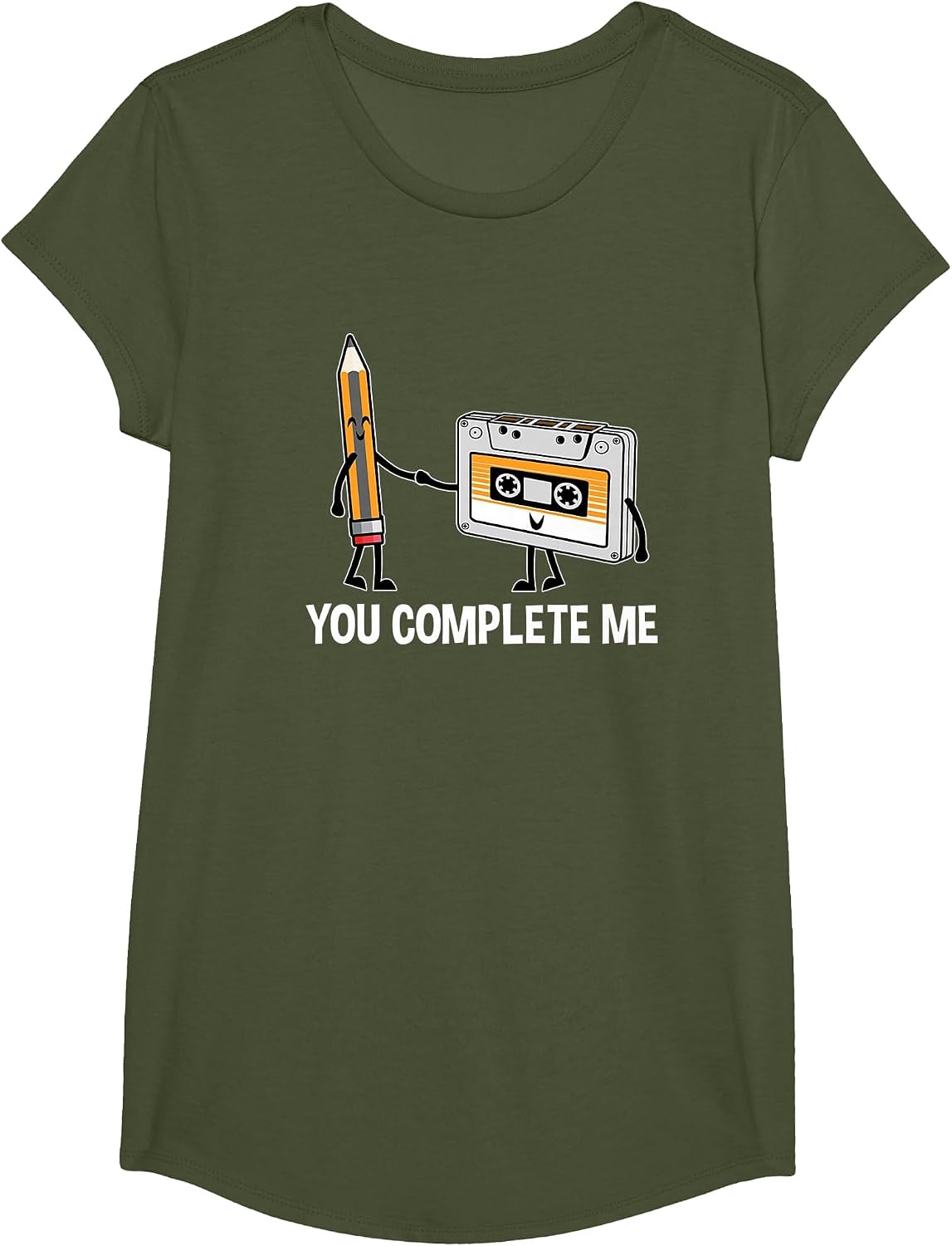 You Complete Me Vintage 80s 90s Pencil and a Cassette Tape T-Shirt - Girls Olive Green