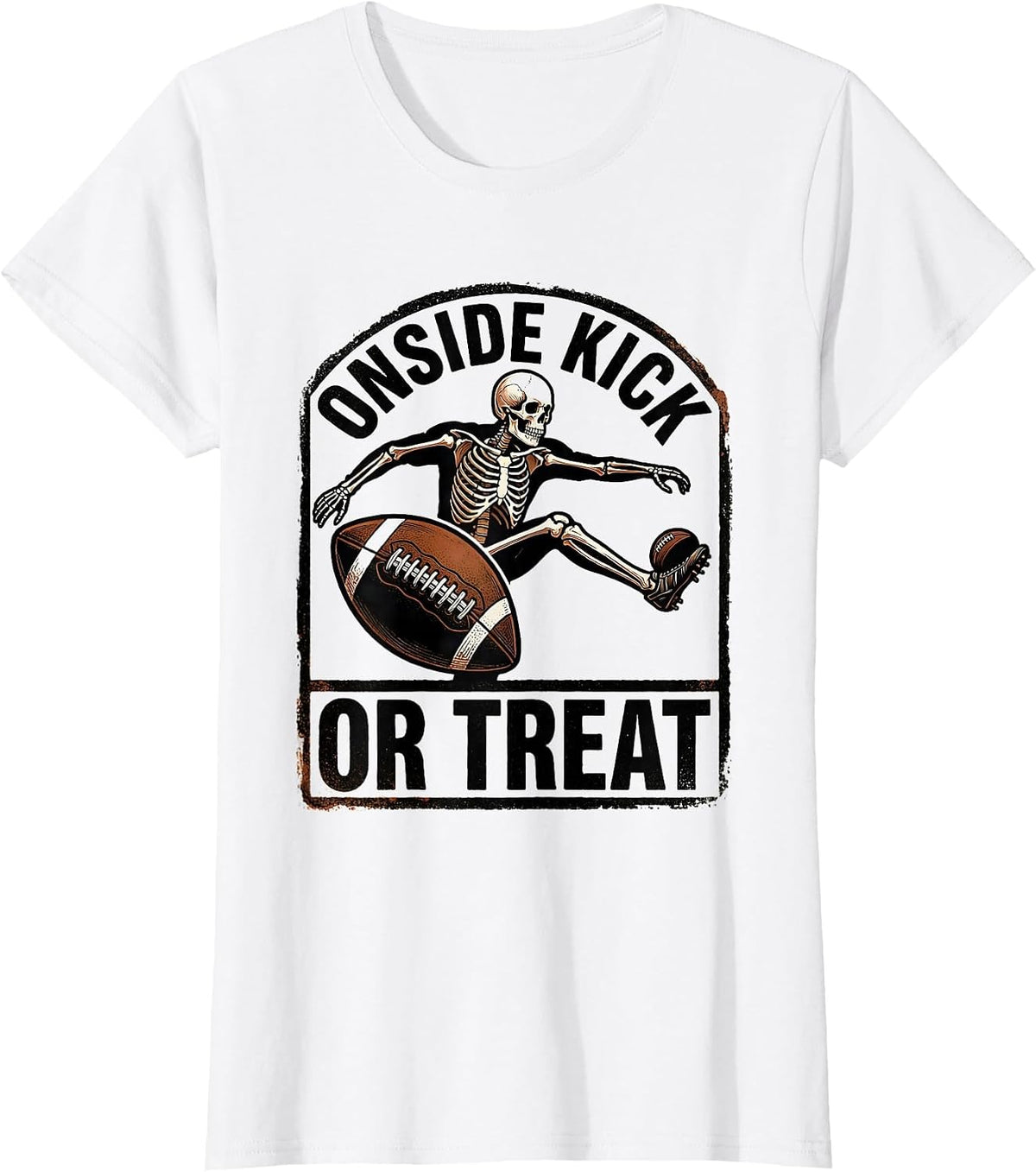 Women's Onside Kick Or Treat Rubber Stamp Skeleton Football T-Shirt - White