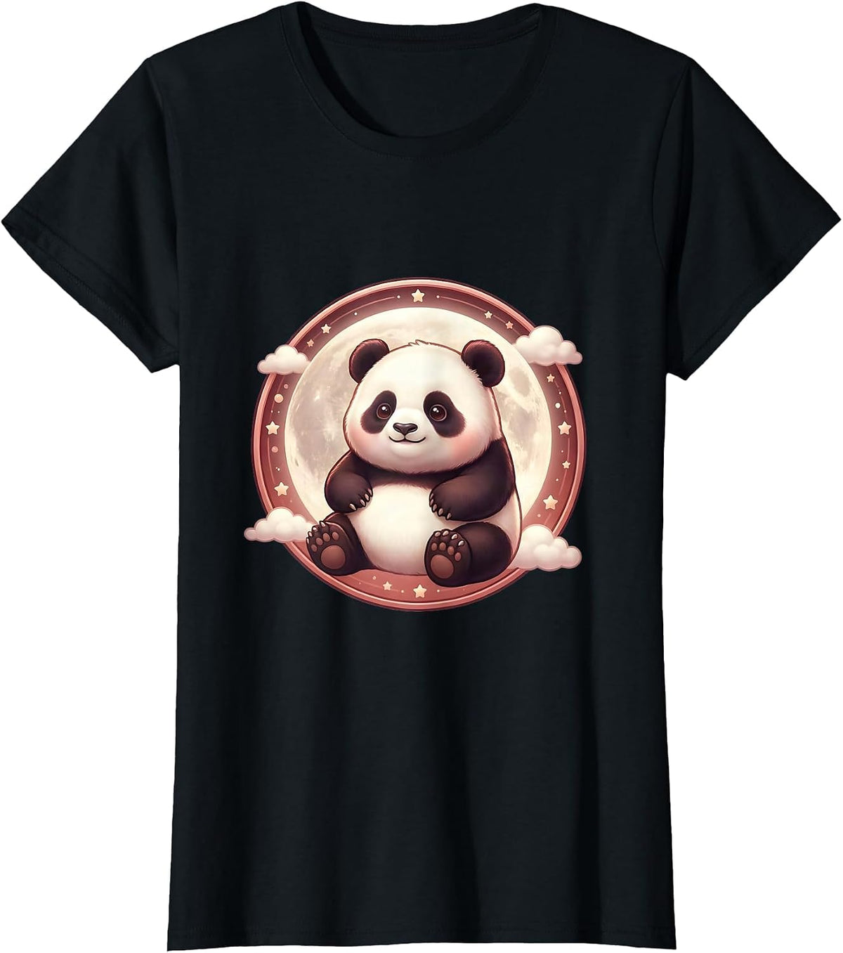 Women's Panda Silhouette Red Moon Graphic Design T-Shirt - Black