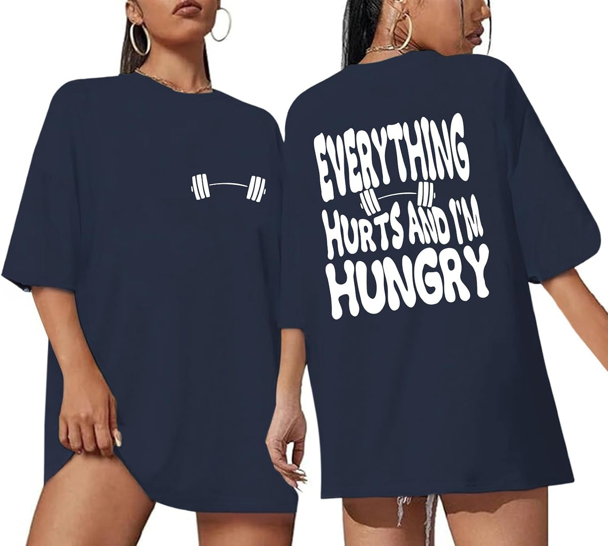 Funny Workout Gym Shirts Women Oversized Weightlifting Graphic Tshirt Everything Hurts and I'm Hungry Tee Tops - Navy Blue