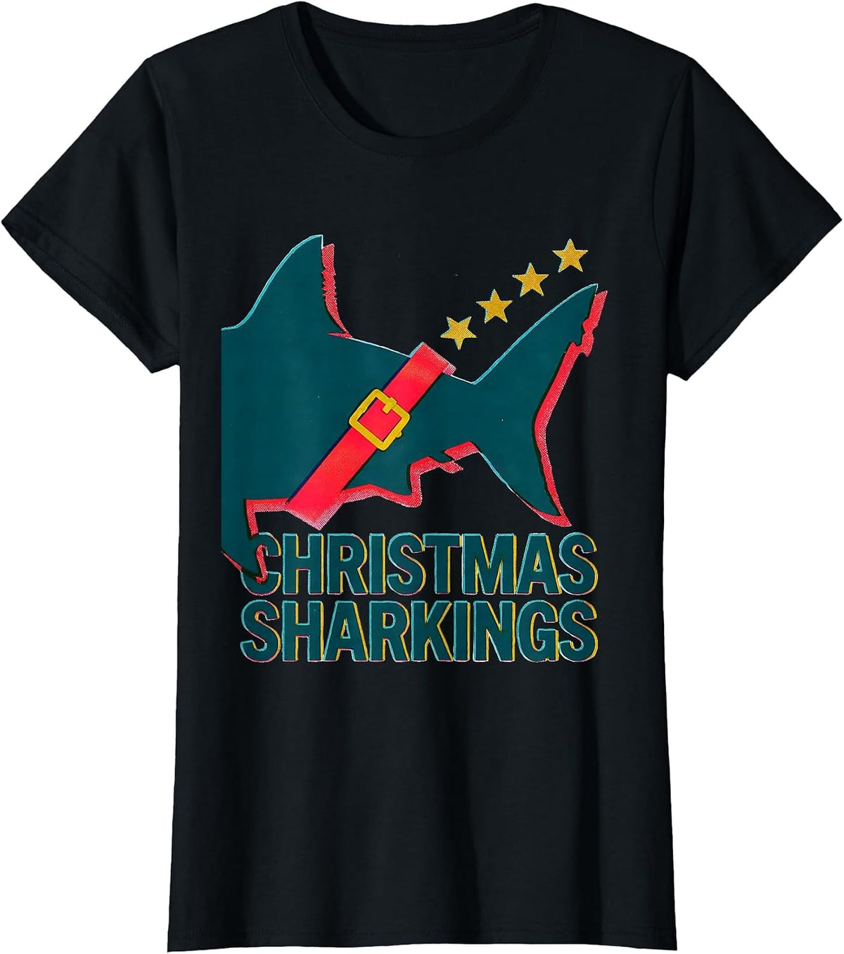 Women's Christmas Sharkings Risograph Shark Lover Funny Christmas T-Shirt - Black