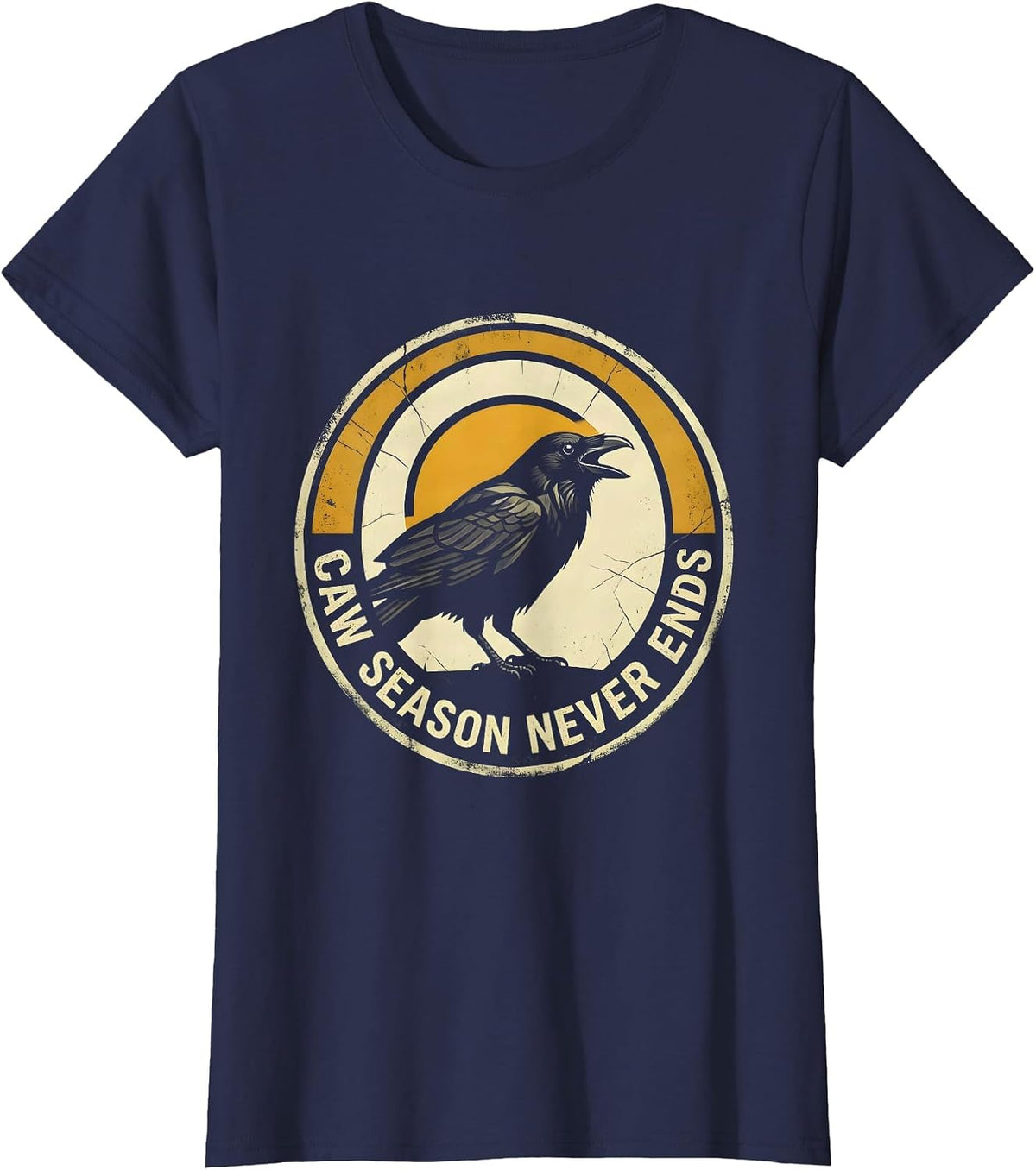 Women's Caw Season Never Ends Crow Lover Design T-Shirt - Navy Blue