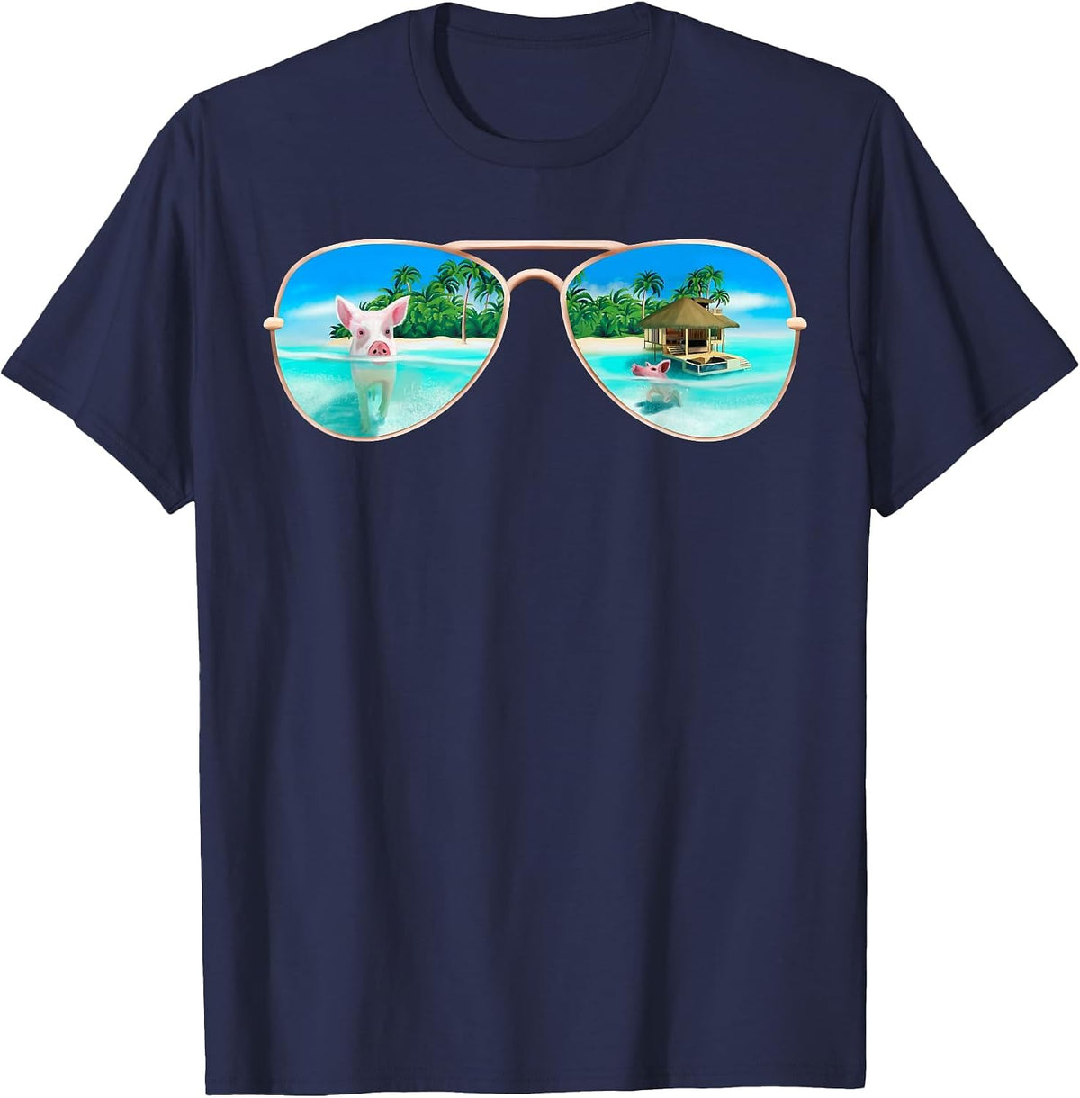 Swimming Bahamas Pigs T-Shirt Summer Vacation Sunglasses T-Shirt - Navy Blue