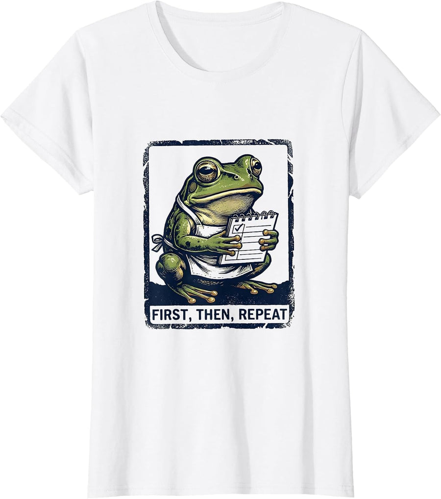 Women's First Then Repeat Rubber Stamp Frog Teacher Back To School T-Shirt - White