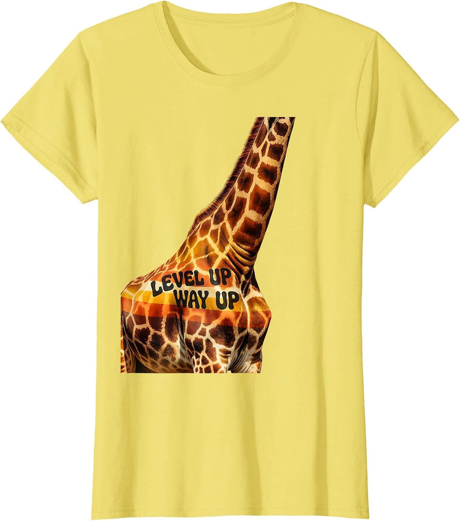 Women's Giraffe Level Up Way Up Tall Animal Design T-Shirt - Lemon Yellow