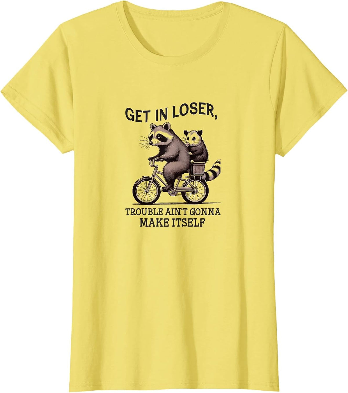 Cycling Raccoon & Opossum, Trouble Ain't Gonna Make Itself T-Shirt - Lemon Yellow