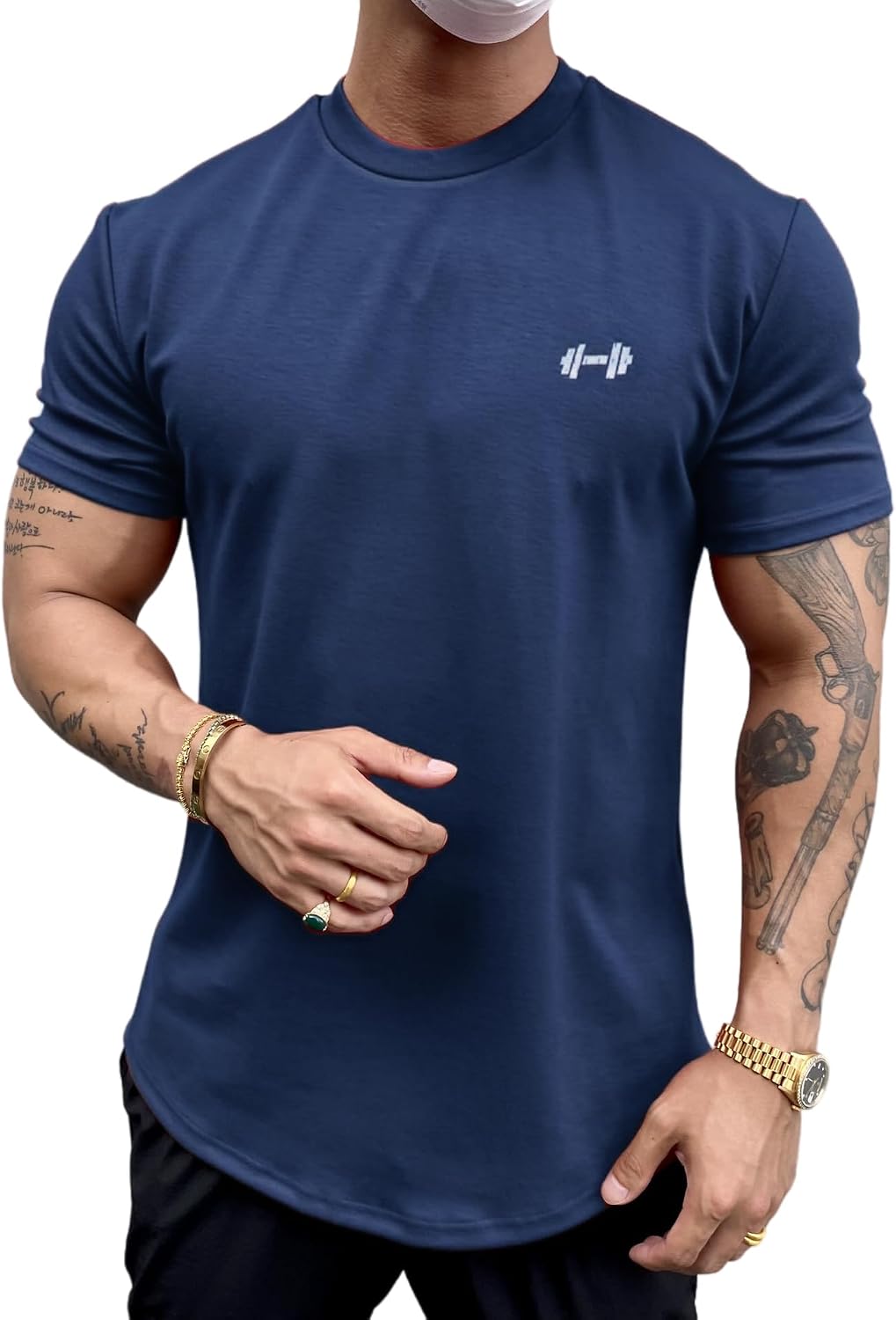 Men's Muscle Fit Longline Bodybuilding Workout Casual Fashion Short Sleeve T-Shirt - Navy Blue (Short Sleeve)